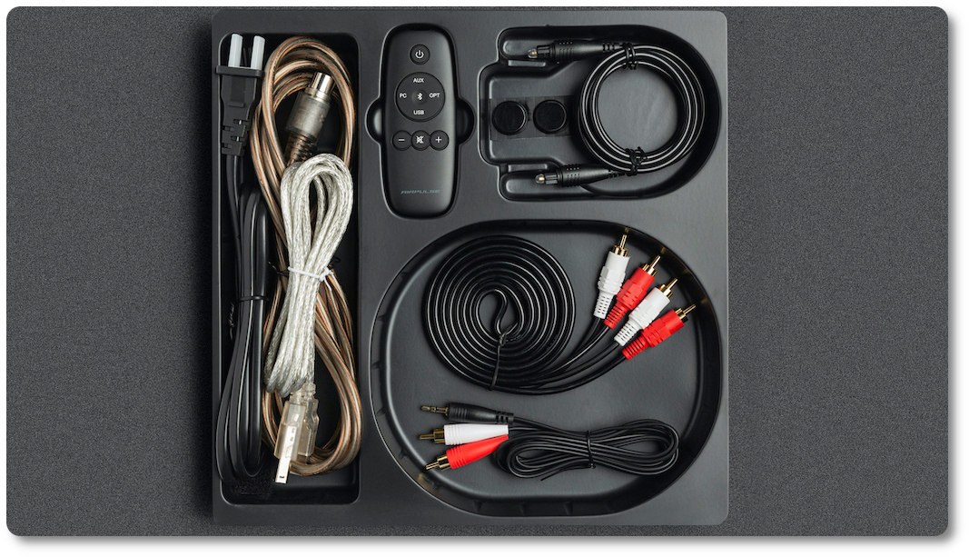 комплектація AIRPULSE a80: кабель живлення, оптичний кабель, акустичний кабель та пульт керування